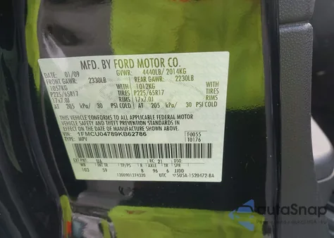 2009 Ford Escape Limited z USA, uszkodzony, nr VIN 1FMCU04789KB62786